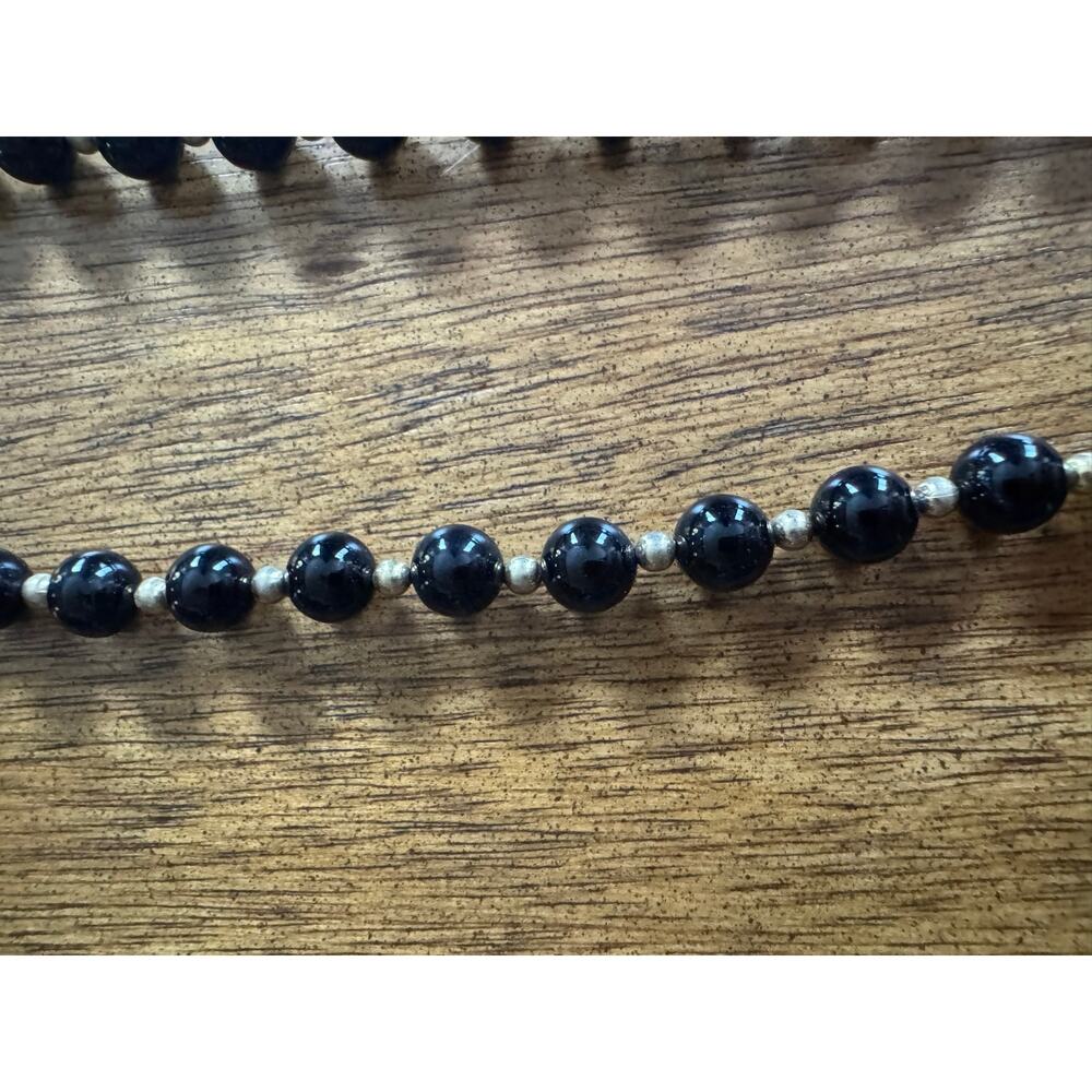 Black Beaded Necklace with Gold Tone Spacers Costume Jewelry - Picture 2 of 4